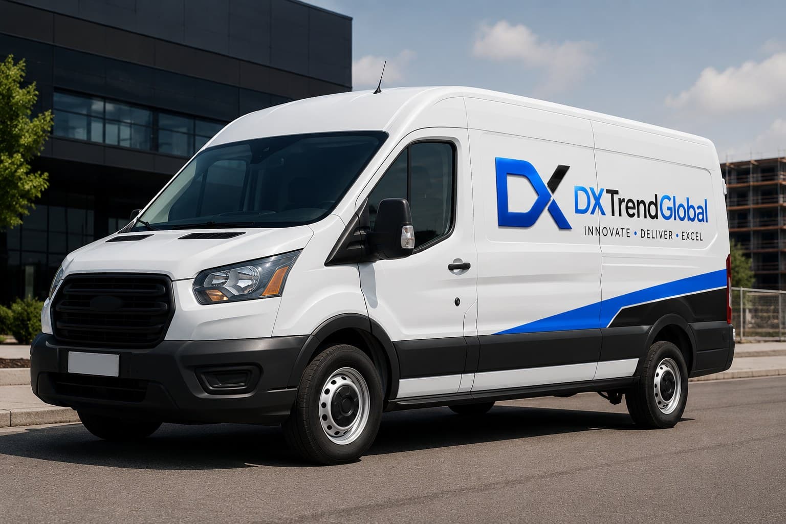 White DXtrend Global delivery van with the brand lockup and blue livery across its side panel.